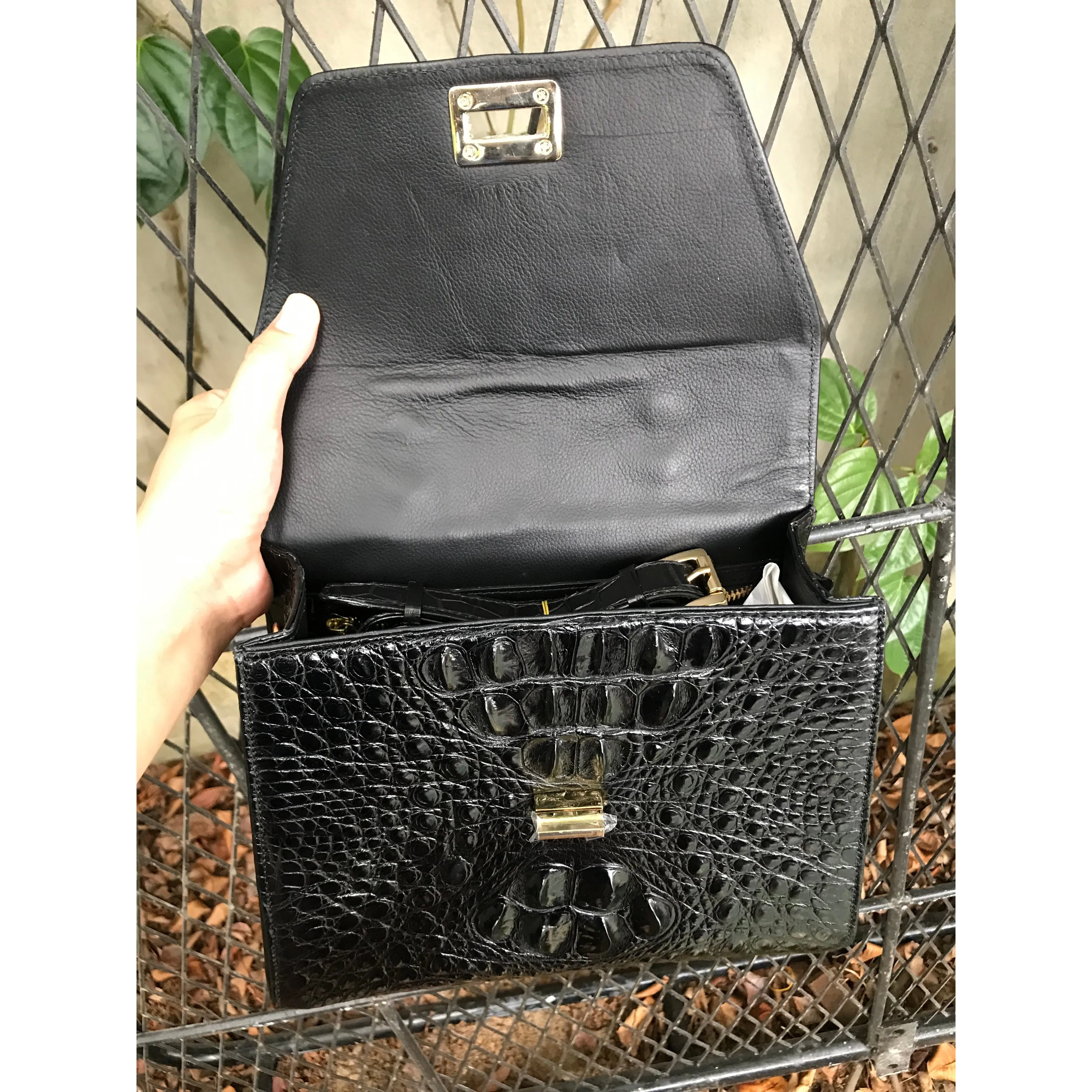 Women Crocodile Handbags Top Handle Alligator Leather Shoulder Messenger Bag Lady Fashion Daily Totes - Black