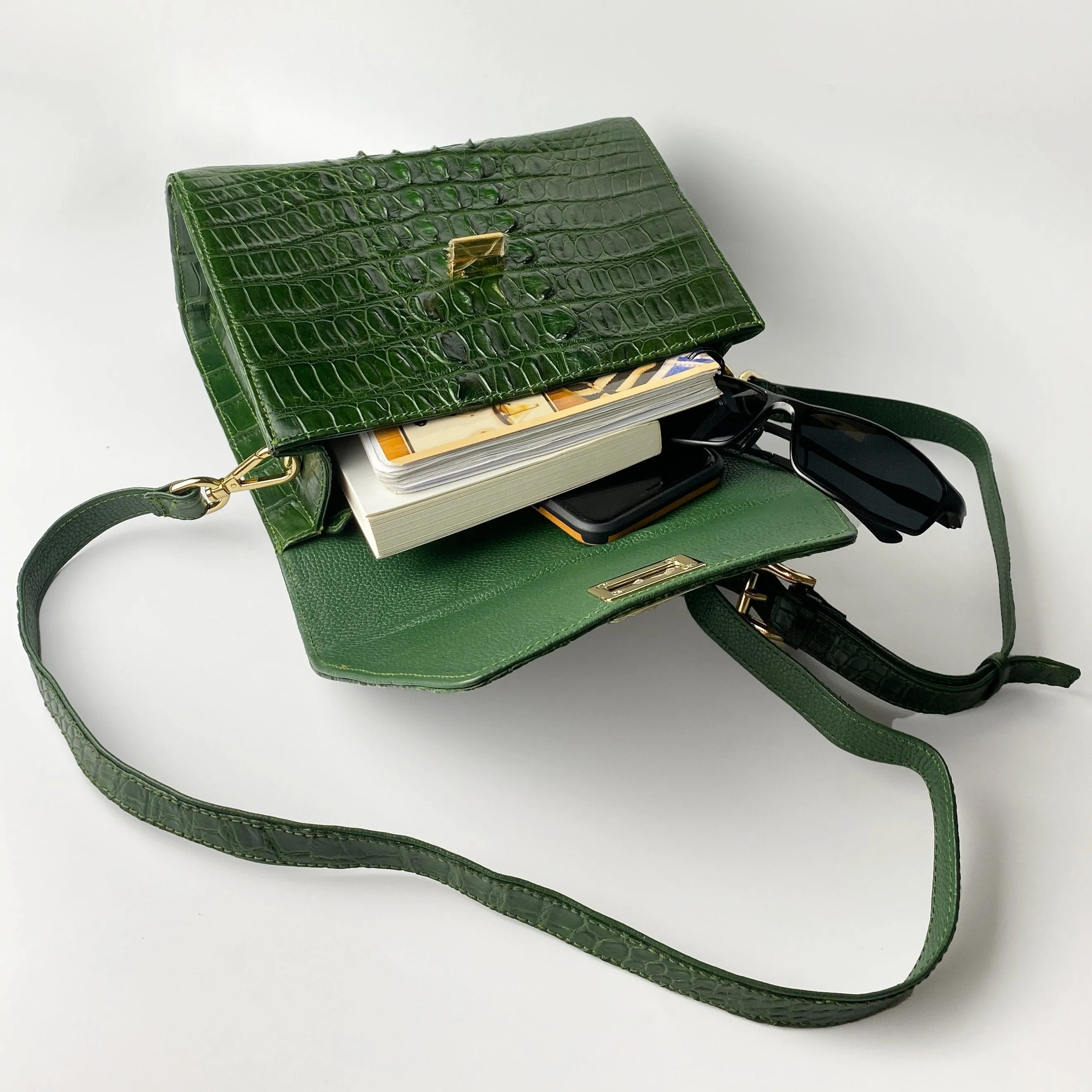 Women Crocodile Handbags Top Handle Alligator Leather Shoulder Messenger Bag Lady Fashion Daily Totes - Green