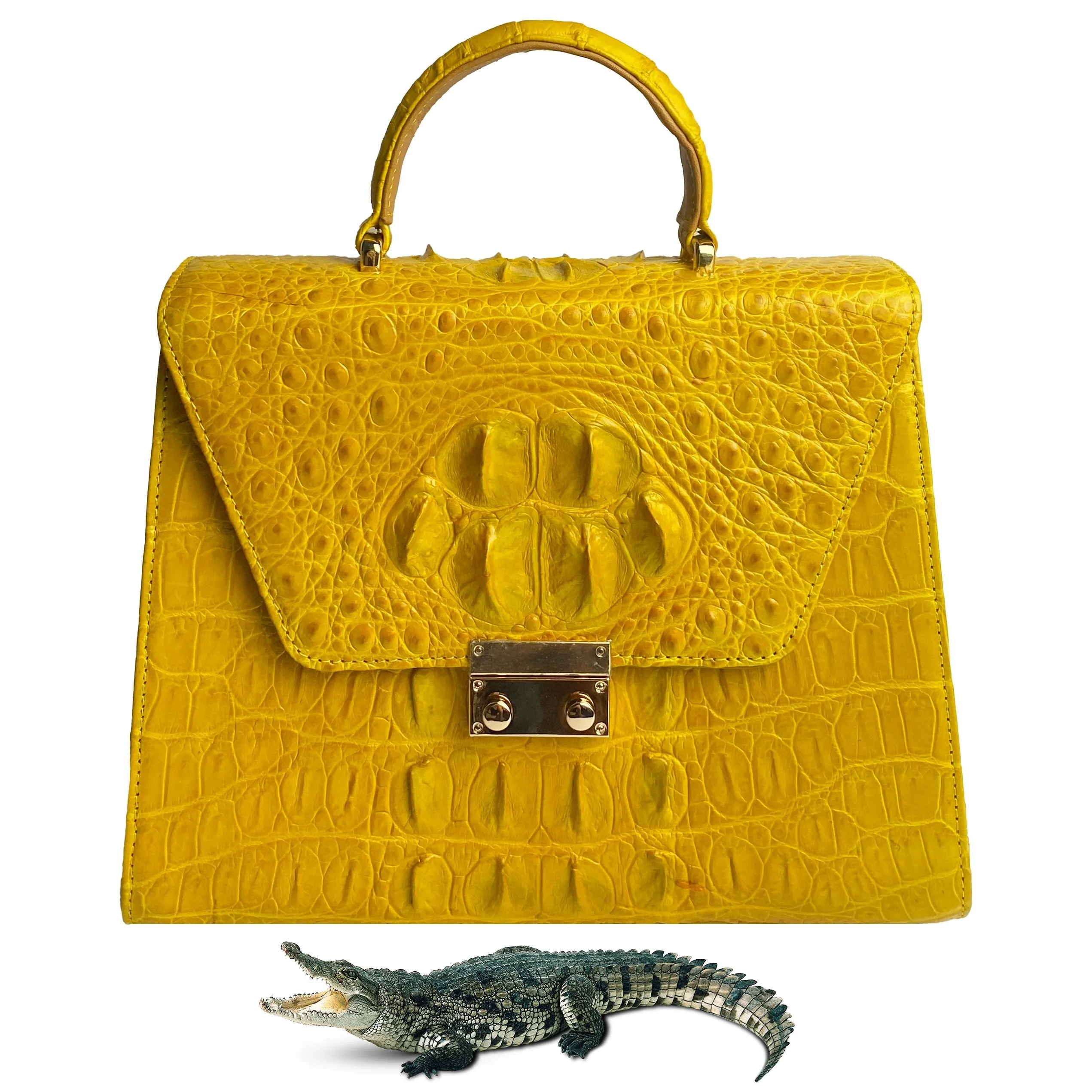 Women Crocodile Handbags Top Handle Alligator Leather Shoulder Messenger Bag Lady Fashion Daily Totes -Yellow