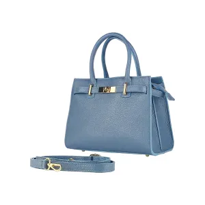 Women's handbag in genuine leather Made in Italy with removable shoulder strap. -Air force blue color