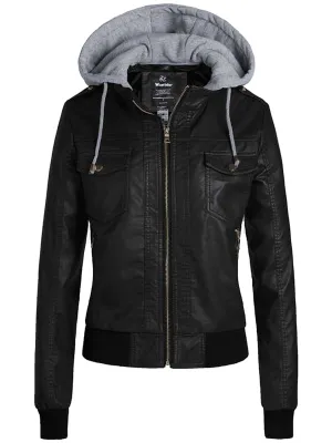 Women's Hooded Faux Leather Jacket Moto Biker Jacket WD